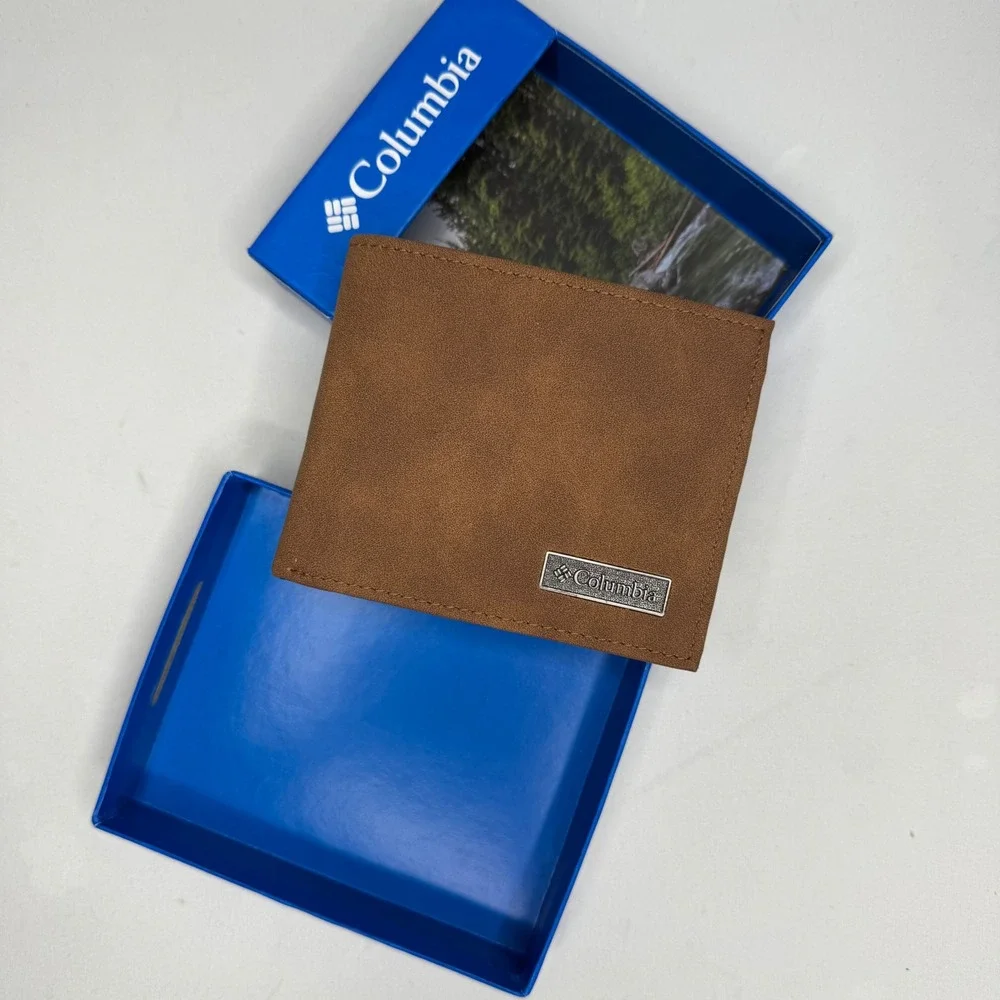 Columbia Mens Bifold Wallet Tan Brown Logo Plaque Slim NIB